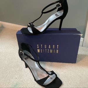 STUART WEITZMAN BLACK STRAPPY RHINESTONE SANDALS/HEELS S/6